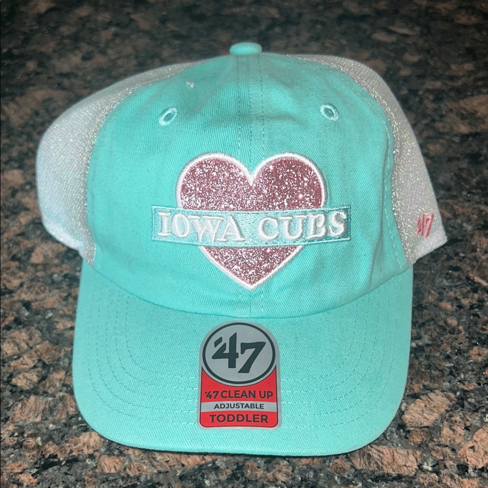 '47 Iowa Cubs Toddler Glitter Heart Adj Cap Aqua Pink NWT Baseball MiLB Chicago